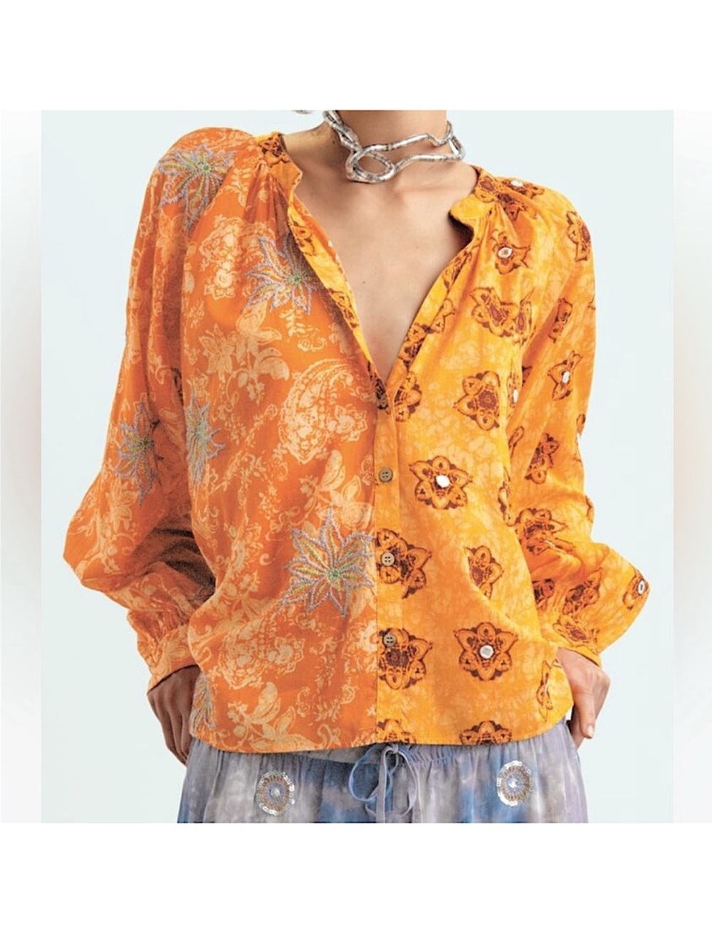Zara Orange Floral Button-Front Blouse